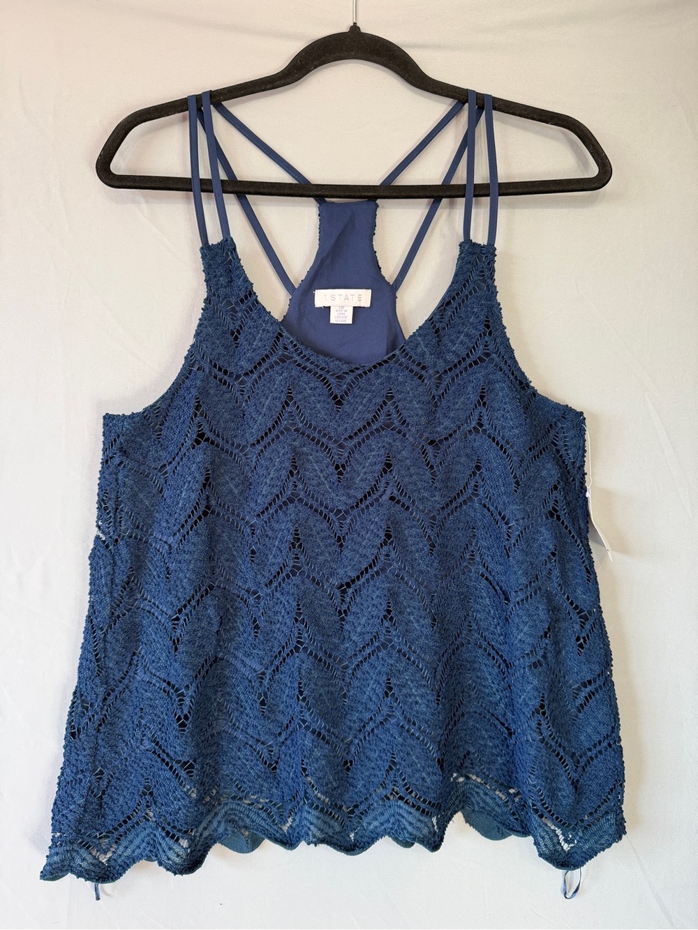 1.STATE Womens Boho Crochet Doublestrap Tank Top L Navy Racerback Lined Flowy